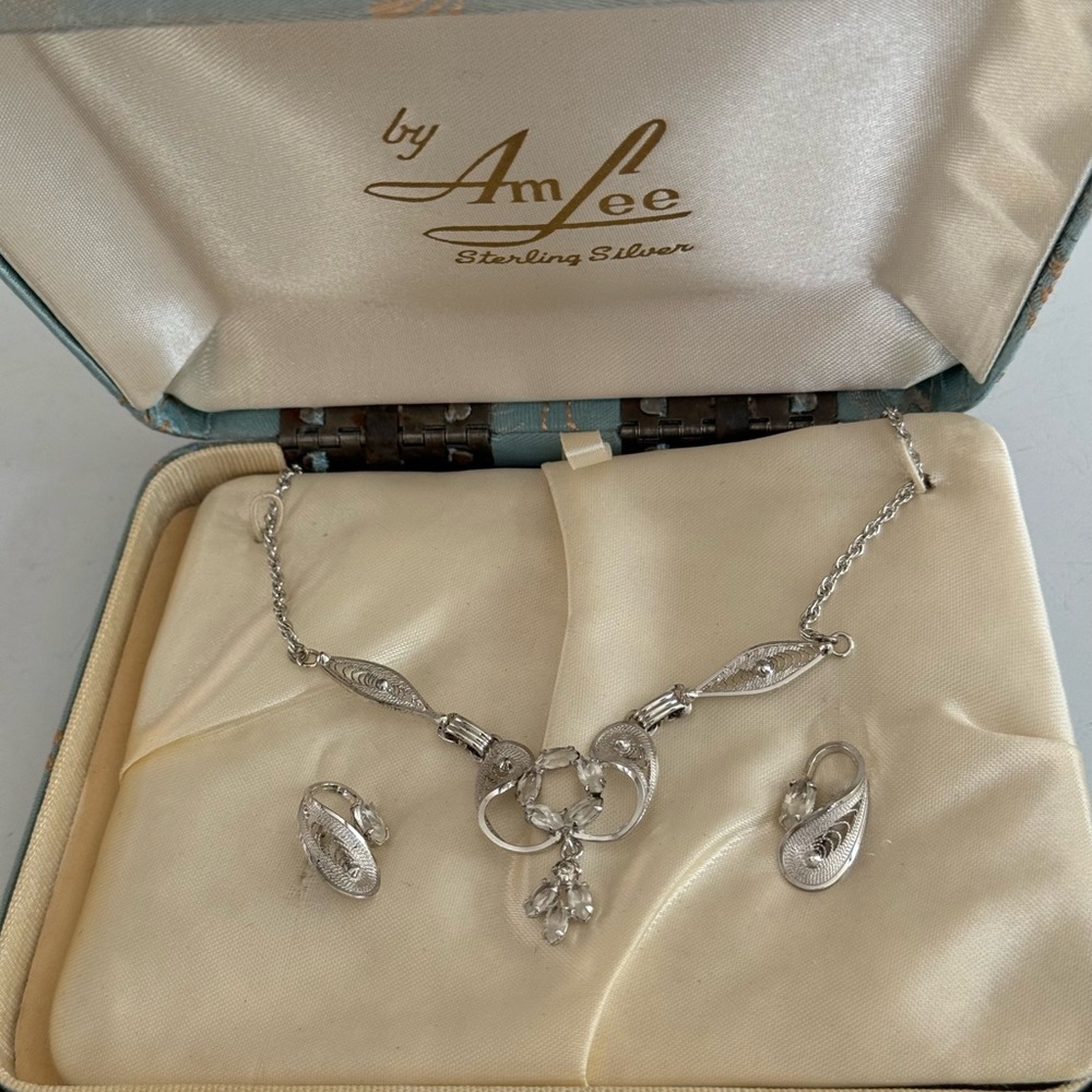 Vintage Am Lee Sterling Silver Necklace and Earrings Clear Rhinestones